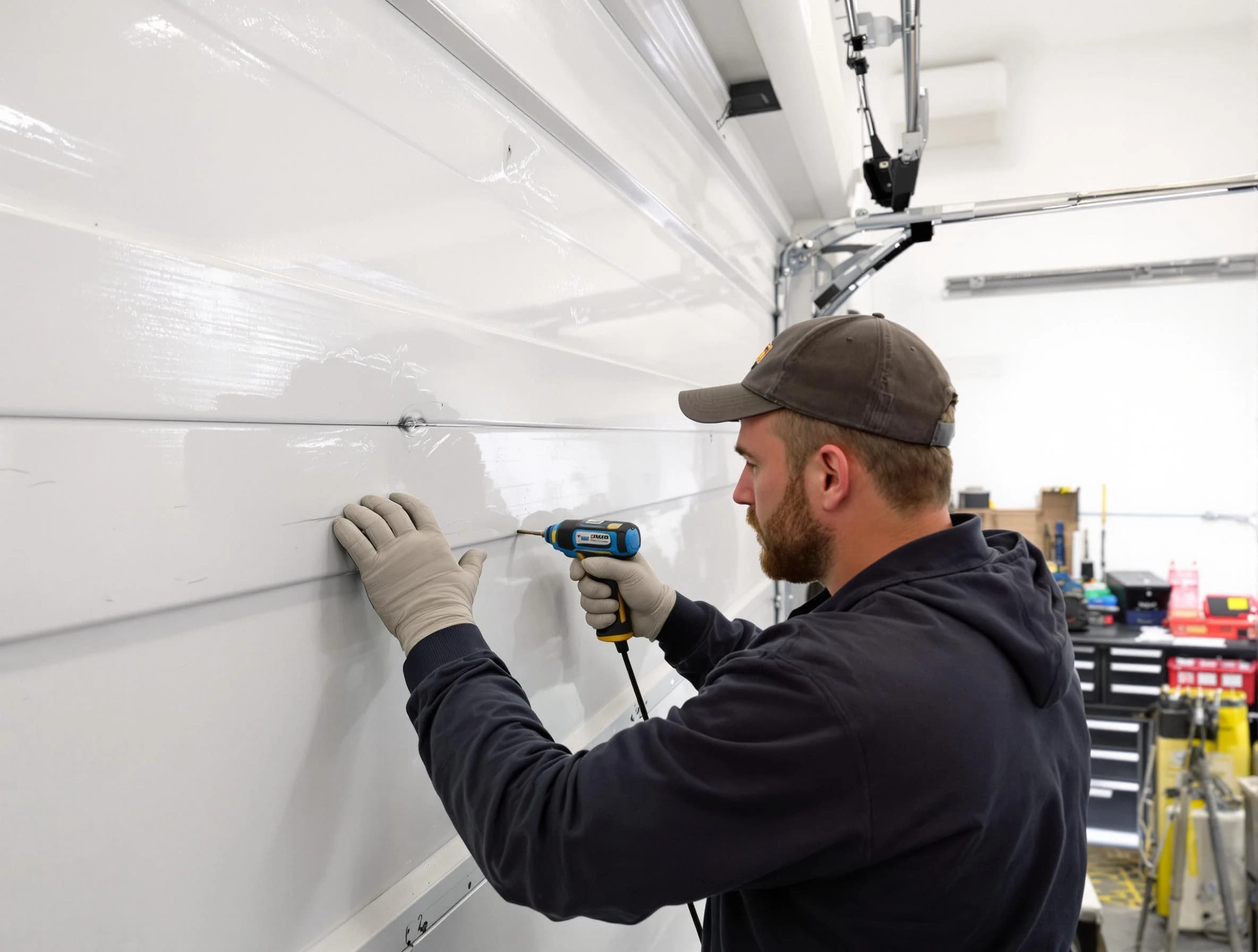 Plainfield Garage Door Repair technician demonstrating precision dent removal techniques on a Plainfield garage door